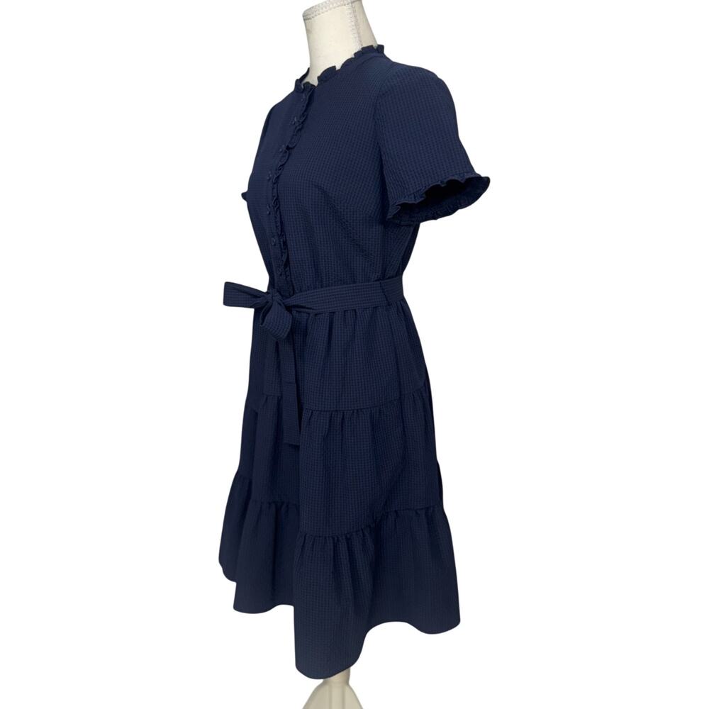 Gal Meets Glam Maisie Navy Blue Seersucker Ruffle Tiered Dress Sz 4 Cottagecore - Picture 7 of 16